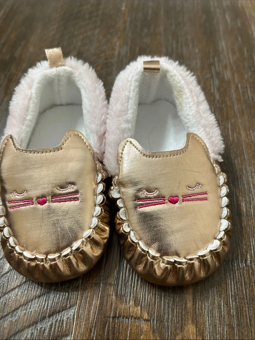 Kids Metallic Gold Cat Slippers with Pink Lining